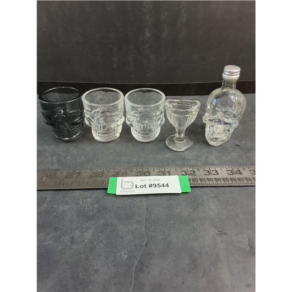 (3) Glass Skull Shot Glasses, "Crystal Head" 50 ml Liquor Bottle, Stemmed Shot Glass