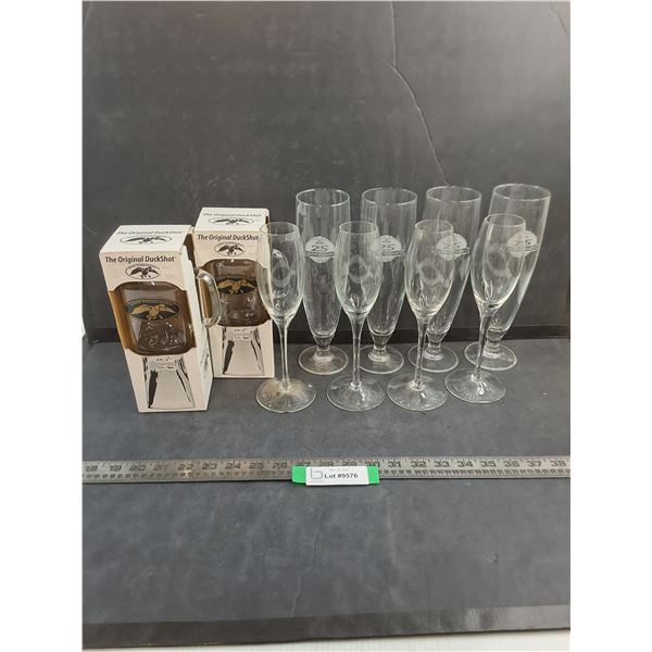 Set of 4 "25th Anniversary" Beer Glasses, Set of 4 Wine Glasses, Pair of Duckshot Glasses