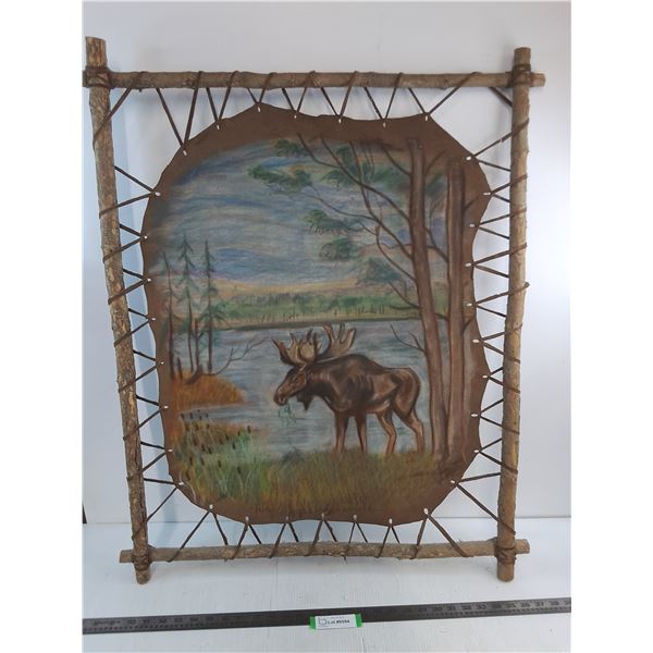Indigenous Style Moose Hide Painting in Willow Frame "Moose at River's Edge" Wall Decor - 29" x 35" 