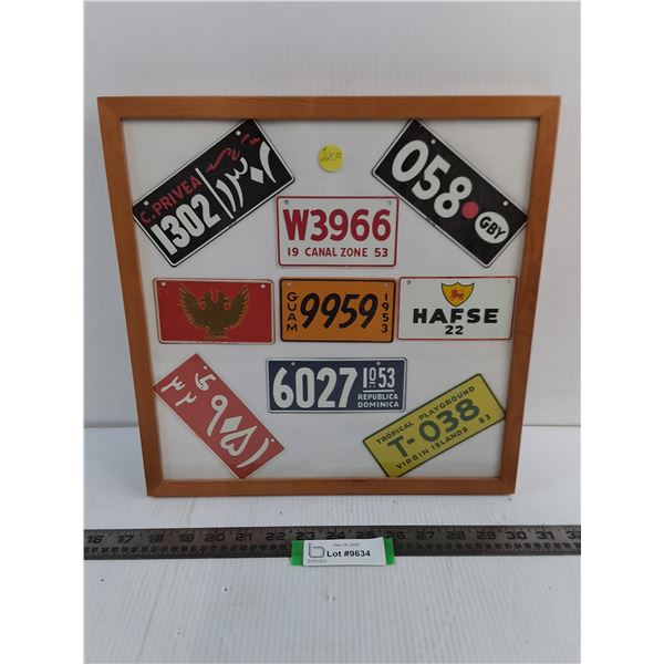 Wood Framed Collection of Miniature International License Plates - 13.5" x 13.5"