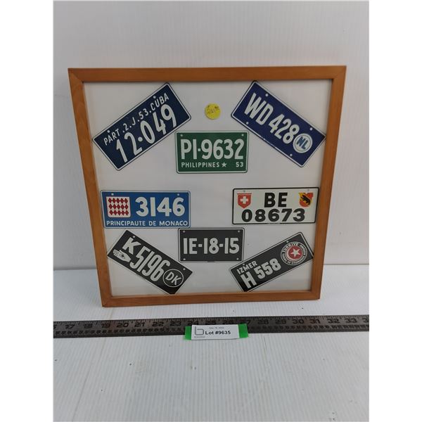 Wood Framed Collection of Miniature International License Plates - 13.5" x 13.5"