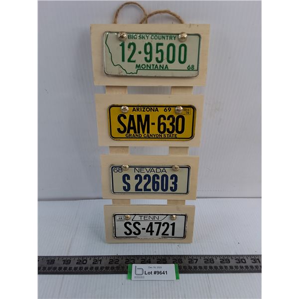 Wood Mounted Set of 4 Miniature US State License Plates Wall Decor - 13" x 6"