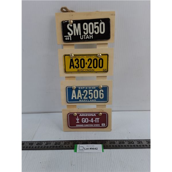 Wood Mounted Set of 4 Miniature US State License Plates Wall Decor - 13" x 6"