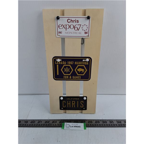 Wood Mounted Set of 3 Miniature License Plates - 14" x 7"