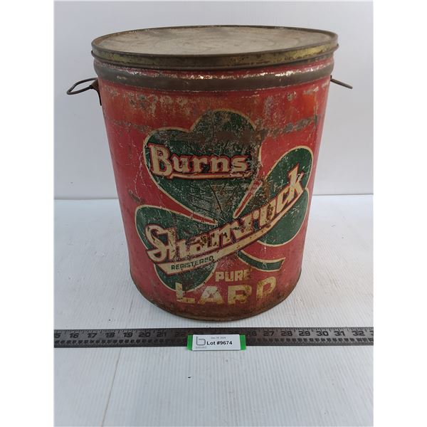 Burn's Shamrock Lard Tin w/Lid from 1940's - 14" High x 12.5" Diameter