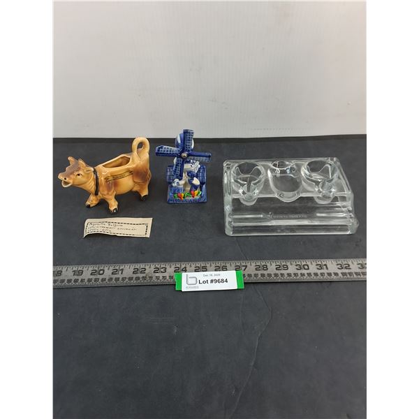 (3) European Made Products - Creamer, Windmill Ornament, Glass Inkwell Tray