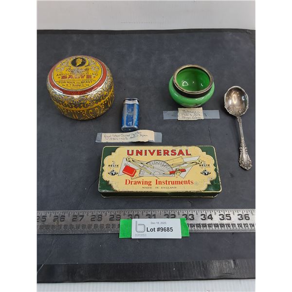 Vintage Tin, Lighter, Dish, Spoon, Geometry Set - See Consignor Notes