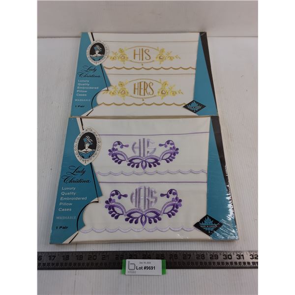 (2) Sealed Pairs of Lady Christina "His & Hers" Embroidered Pillow Cases