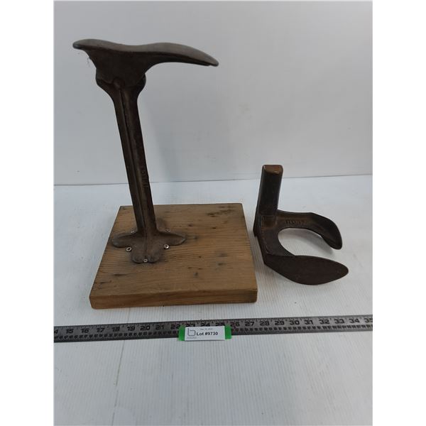 (2) Vintage Cast Iron Cobbler's Anvils w/1 Wood Base - Pickup Only