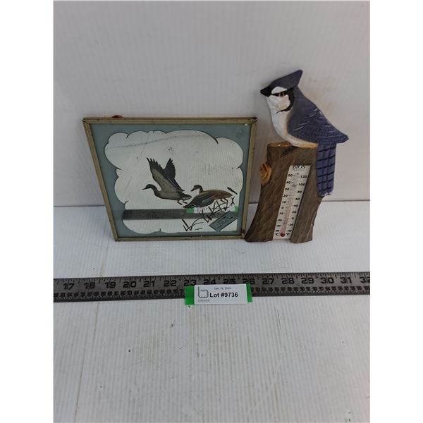 Vintage Bird Decor ("Golden Prairie Motors" Wall Mirror, Thermometer)