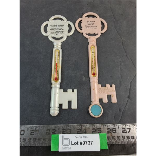(2) Vintage Promotional Thermometers from Maple Creek (Western Salvage, Vi & Bills)