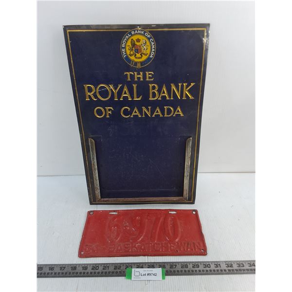 Metal "Royal Bank of Canada" Date Display - 12" x 18.5", 1934 Painted Saskatchewan License Plate