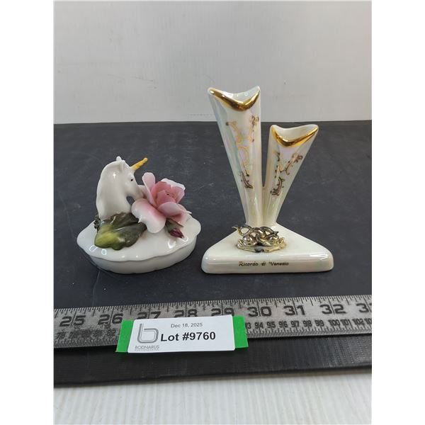 (2) Italian Porcelain (Capodimonte Jewelry Holder, Iridescent Venetian Pen Holder)