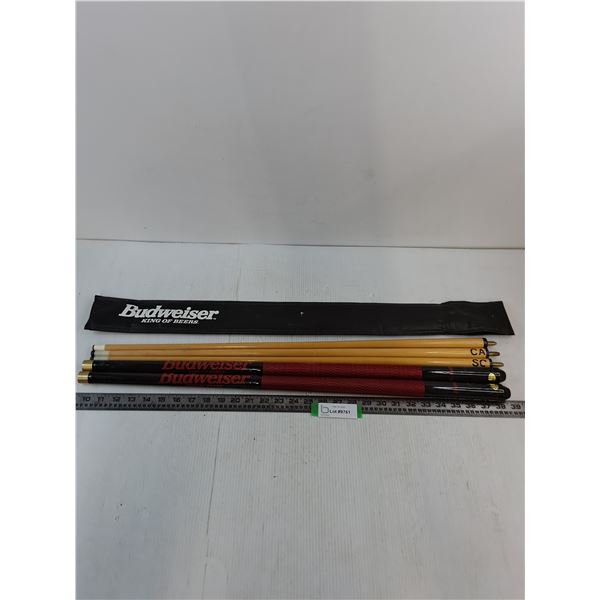 (2) Budweiser 2-Piece Pool Cues, Sheath, Extra Half-Stick