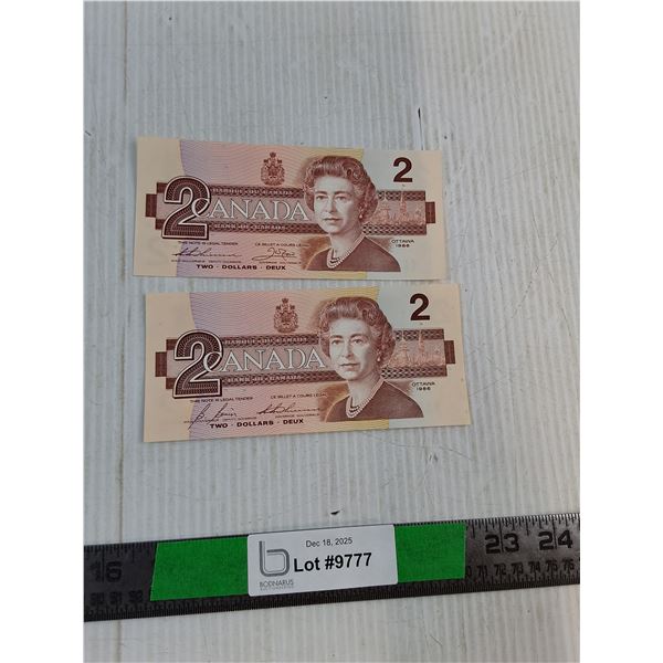 (2) $2 Dollar Bill From The 1986 "Birds of Canada" Series