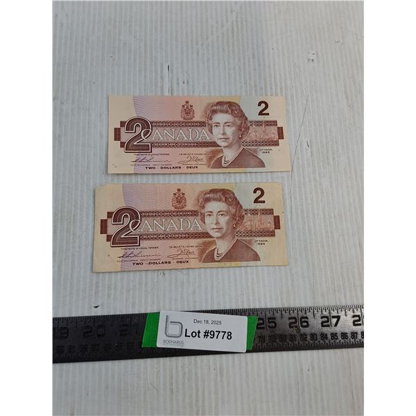 (2) $2 Dollar Bill From The 1986 "Birds of Canada" Series