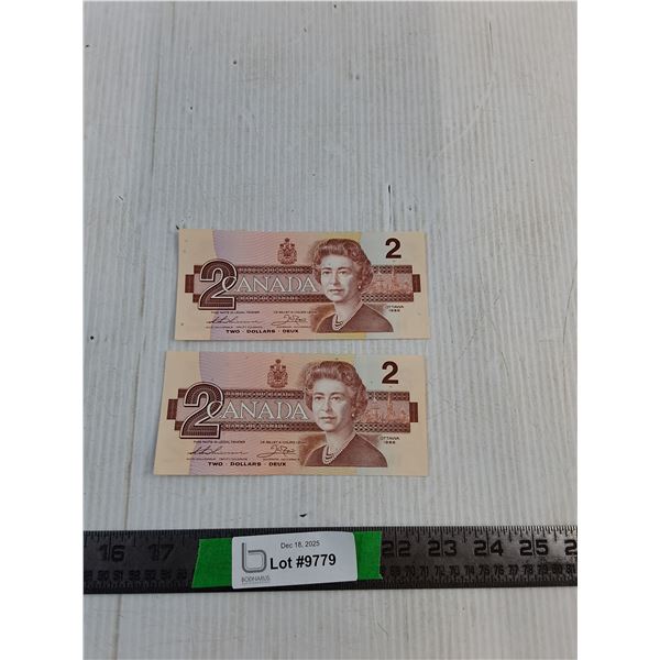 (2) $2 Dollar Bill From The 1986 "Birds of Canada" Series