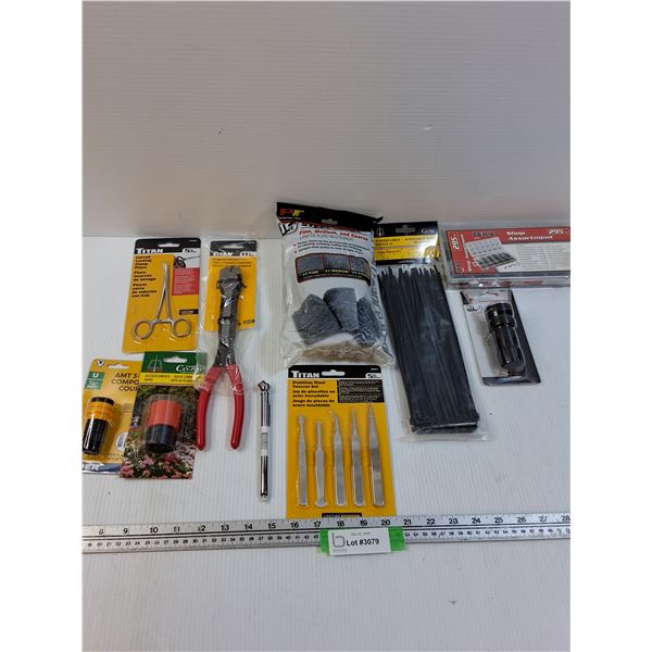 Tool Lot: Wire Cutters, Steel Wool, Couplers, Ring & Pins Set, Tweezers, Misc