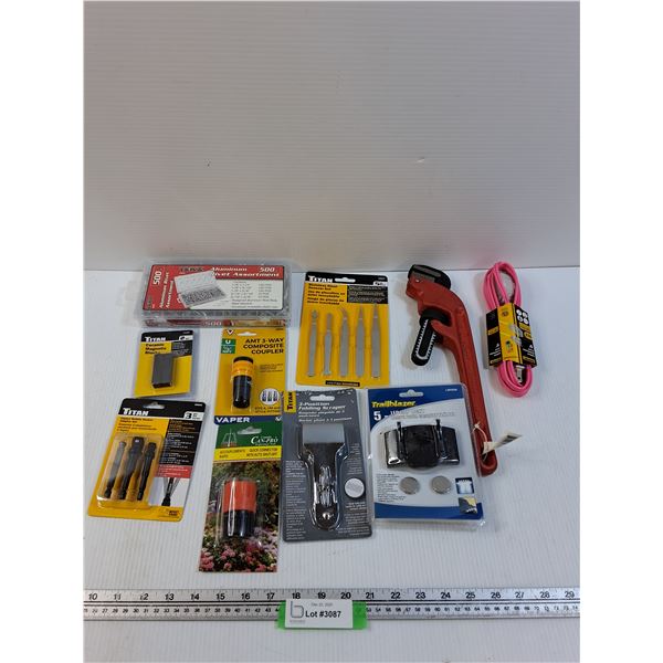 Tool Lot: Pipe Wrench, Rivet Kit, Tweezers, Misc
