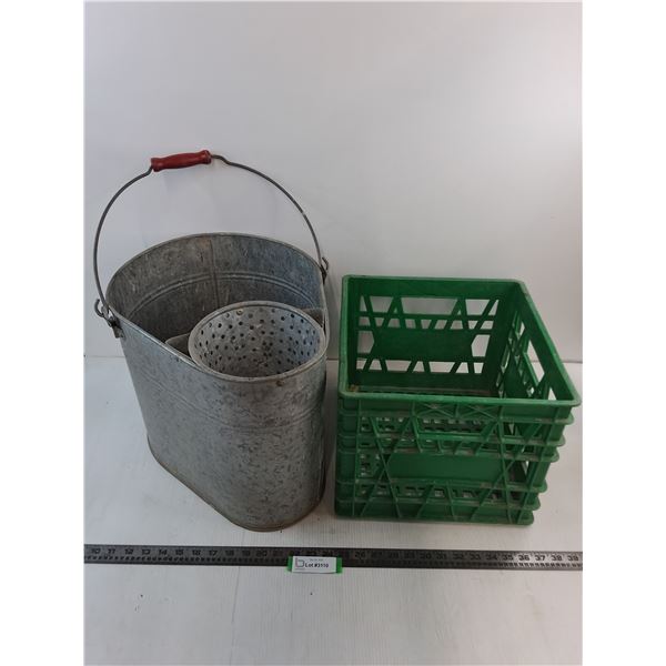 Galvanized Metal Mop Pail, Plastic Milk Crate - PICK UP ONLY