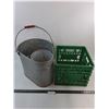 Image 1 : Galvanized Metal Mop Pail, Plastic Milk Crate - PICK UP ONLY