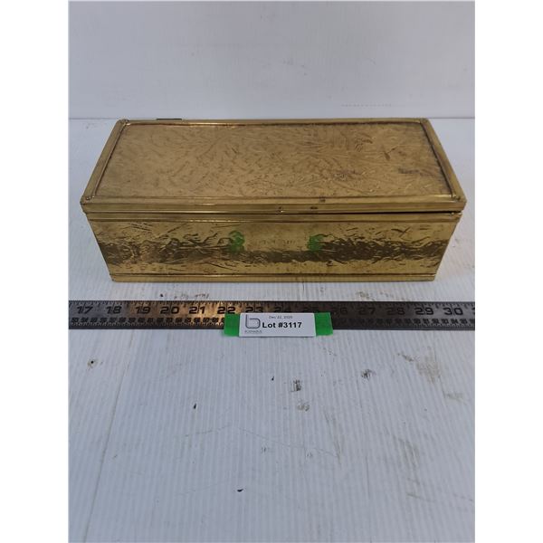 Vintage Wooden Storage Box Overlaid with Metal - 1 Hinge Damaged - 12x5x4"