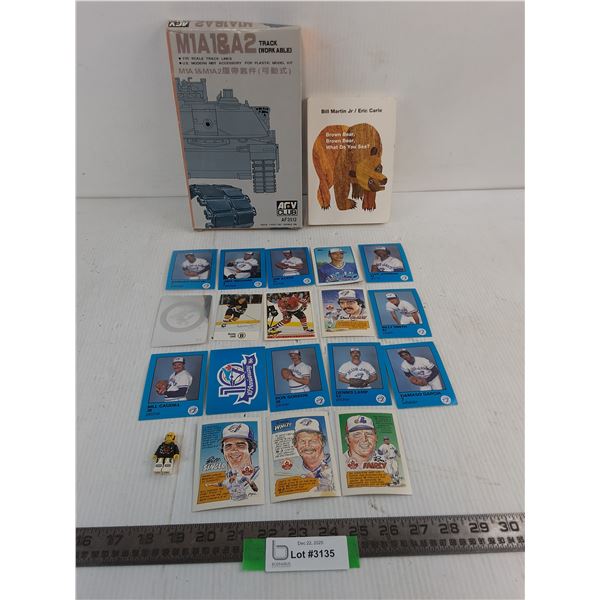 Sealed 'ARV Club' Model Tank, (18) MLB/NHL Collector Cards, Lego Man, 'Brown Bear' Children's Book