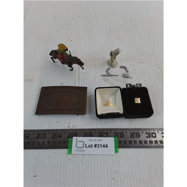 'Wells Fargo' Brass Belt Buckle, Metal Figurines - As is, Tie-Clip