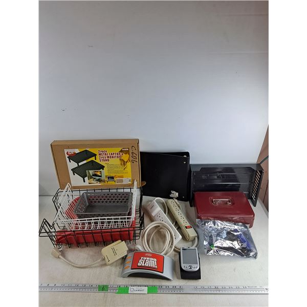 Office Supply & Electronics Assortment - Laptop/Monitor Stand, Dish Rack, Power Outlets, Cash Box