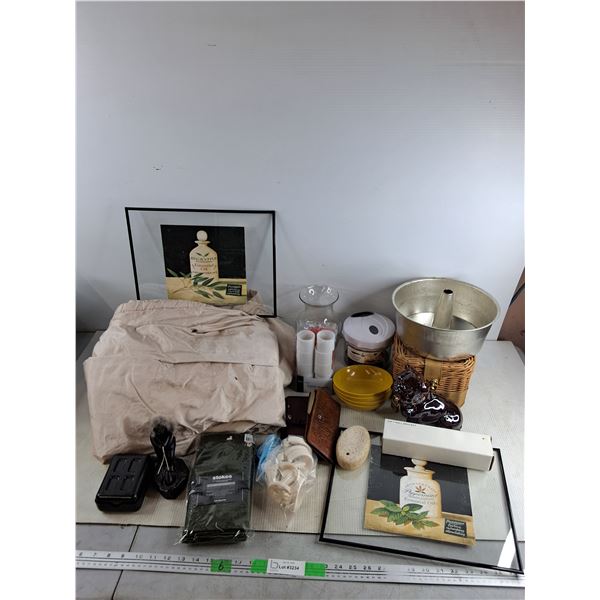 (2) Room Darkening Curtains 50" x 84", Bundt Pan, Glass Vase, Shower Hooks, Easy Pull Chopper, Misc