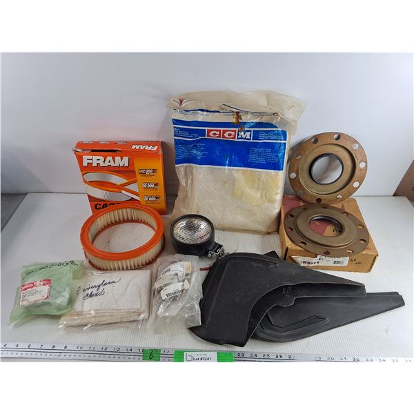 Fram CA3647 Air Filter, Honda Carburetor, GM 3.0L Fuel Filter, Mud Flaps, Axle Seals, Misc