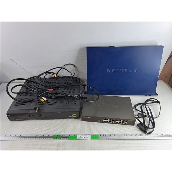 Navigo Satelite Receiver, D Link Fast Ethernet Switch, Net Gear Gigabit Smart Switch, Power Cords