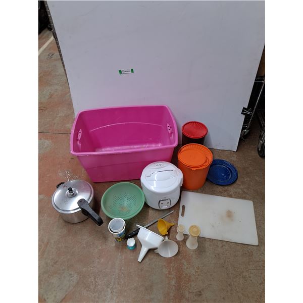 Plastic Storage Tote 25" x 13" x 17", Tupperware Kitchen Storage Canisters, Strainer, Funnels, Misc