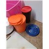 Image 2 : Plastic Storage Tote 25" x 13" x 17", Tupperware Kitchen Storage Canisters, Strainer, Funnels, Misc