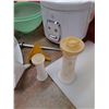 Image 4 : Plastic Storage Tote 25" x 13" x 17", Tupperware Kitchen Storage Canisters, Strainer, Funnels, Misc