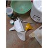 Image 5 : Plastic Storage Tote 25" x 13" x 17", Tupperware Kitchen Storage Canisters, Strainer, Funnels, Misc