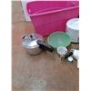 Image 6 : Plastic Storage Tote 25" x 13" x 17", Tupperware Kitchen Storage Canisters, Strainer, Funnels, Misc