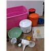 Image 7 : Plastic Storage Tote 25" x 13" x 17", Tupperware Kitchen Storage Canisters, Strainer, Funnels, Misc