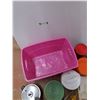 Image 8 : Plastic Storage Tote 25" x 13" x 17", Tupperware Kitchen Storage Canisters, Strainer, Funnels, Misc