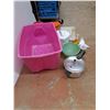 Image 9 : Plastic Storage Tote 25" x 13" x 17", Tupperware Kitchen Storage Canisters, Strainer, Funnels, Misc