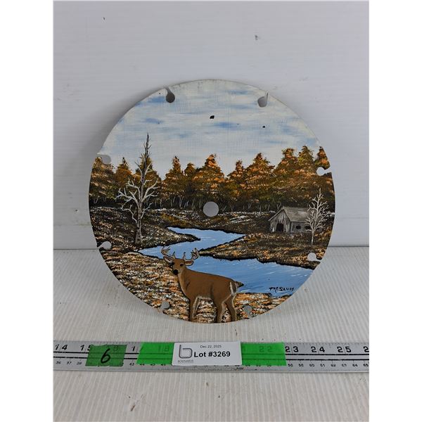 Hand Painted 10" Saw Blade Art - Deer Forest Scene - Signed M. Sanoy