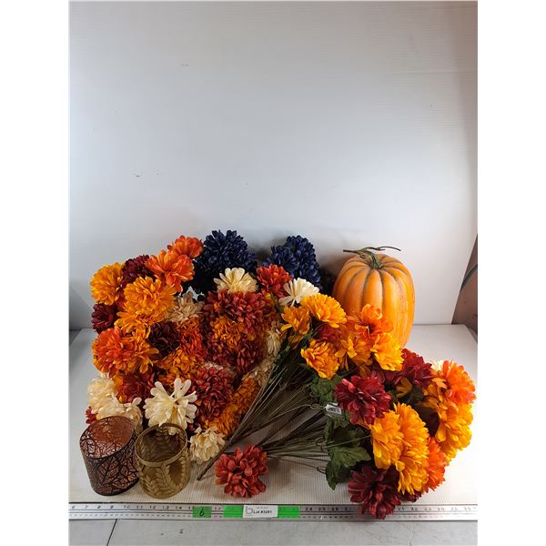 Artificial Flowers, Artificial Pumpkin, (2) Metal Candle Holders - PICK UP