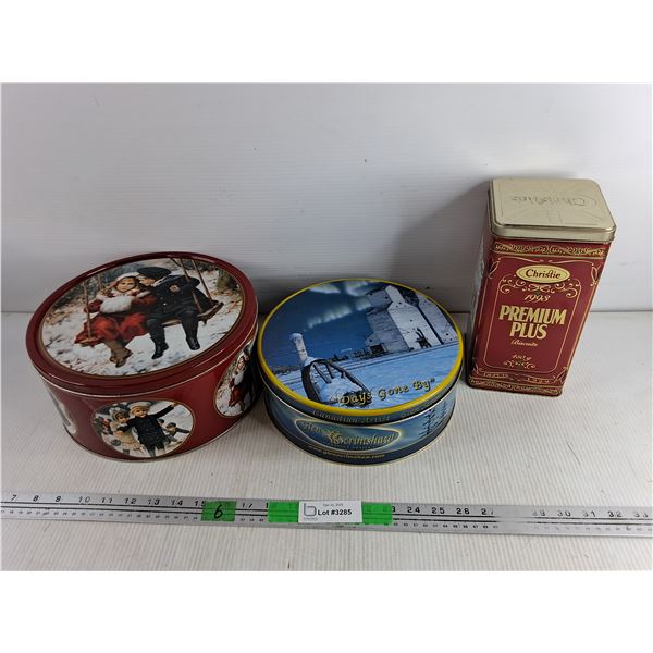 (3) Collectible Tins - Christmas Tin, Glen Scrimshaw "Days Gone By", Christie Premium Plus 1993