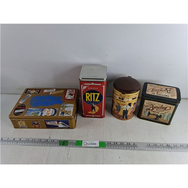 (4) Collectible Tins - Wrigley Jr. Co, Ritz Crackers, Tim Hortons, Barclay Dress. Co