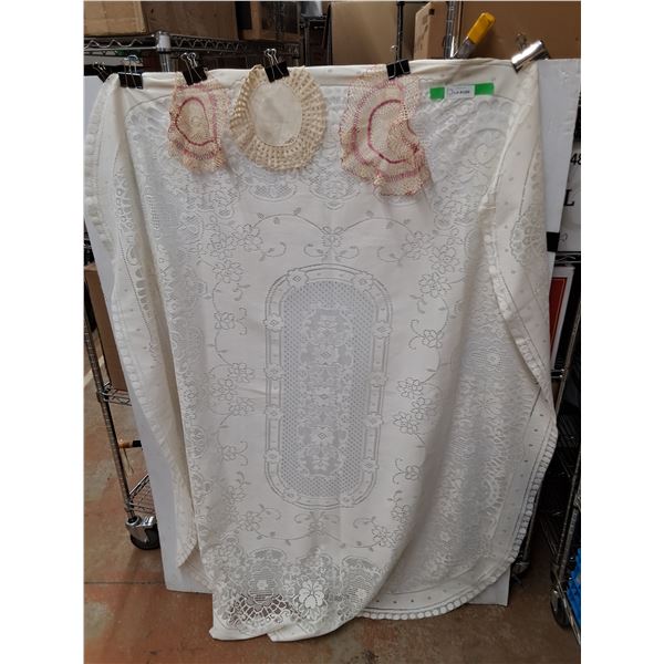 (3) Doilies, Crochet Tablecloth 67"x 58"