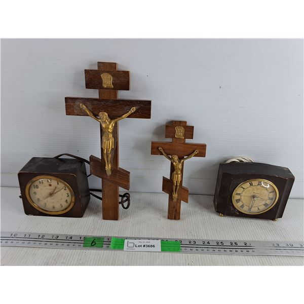 Vintage General Electric & Westclox Electric Desk Clocks - Powers On, As Is, (2) Orthodox Crucifixes