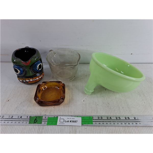 Ceramic Face Creamer/Mug, Glass Measuring Cup, Amber Glass Ashtray, Green Glass Mixer Attachment
