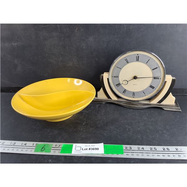 9" Carnival Evermaid Divided Plastic Bowl, Vintage Smiths Desk Clock - As Is