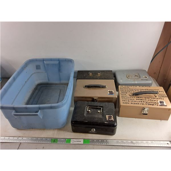 (4) Vintage Metal Cash Boxes - As Is, 11" x 3" x 6", 11" x 8" x 4", 7" x 9" x 4", Plastic Tote