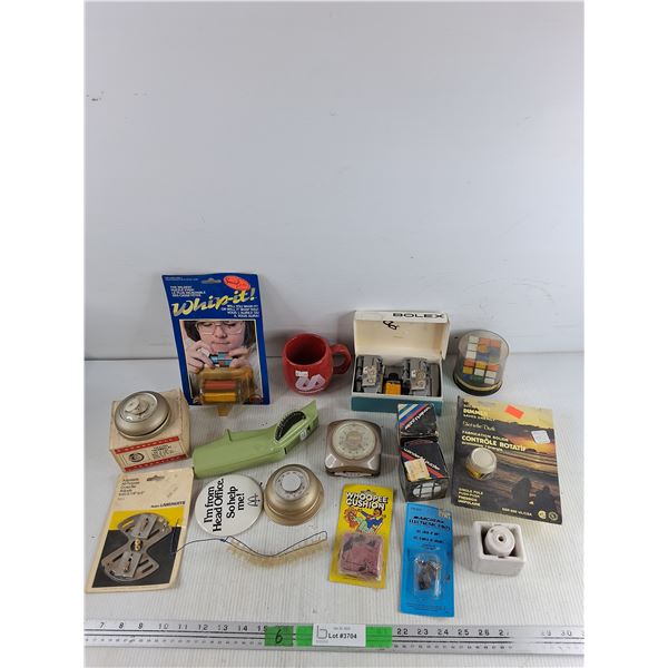 Bolex Tape Splicer, Honeywell Thermostats, Rubik's Cubes, Solid State Dimmer, Whoopee Cushion, Misc